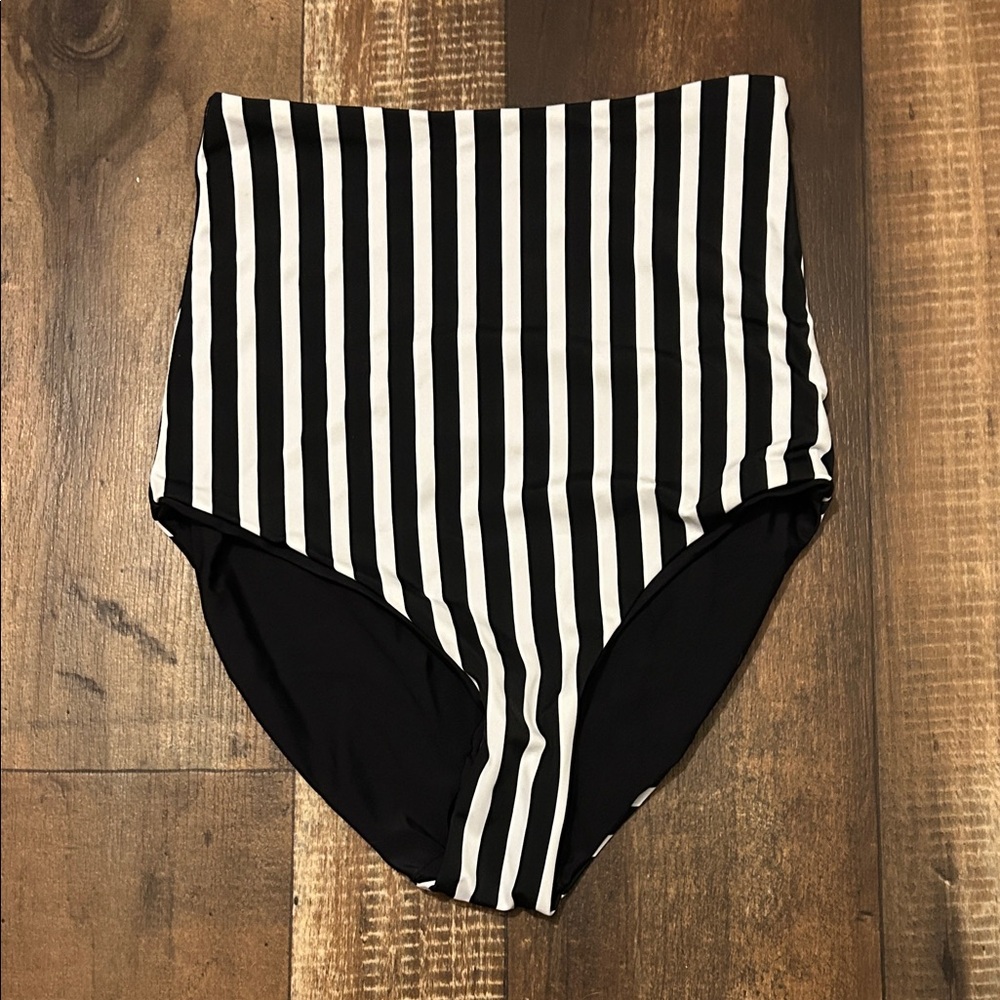 Black and White Striped High-Waisted Swim Bottom